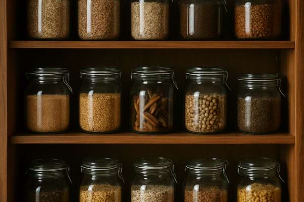 plusieurs bocaux en verre remplis de cereales et legumes secs sont alignes sur des etageres