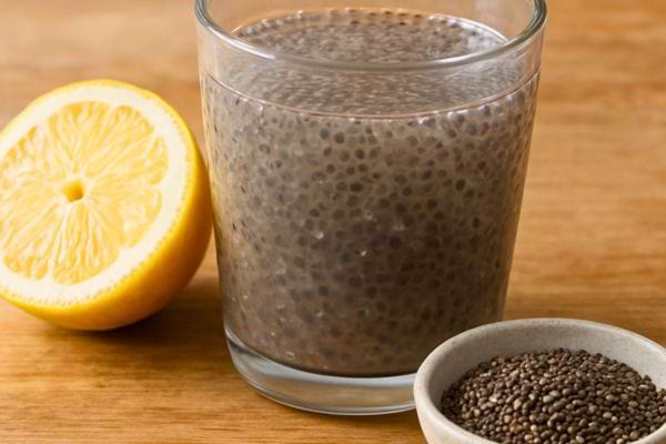 verre de boisson aux graines de chia avec demi citron et bol de graines pose sur une table en bois