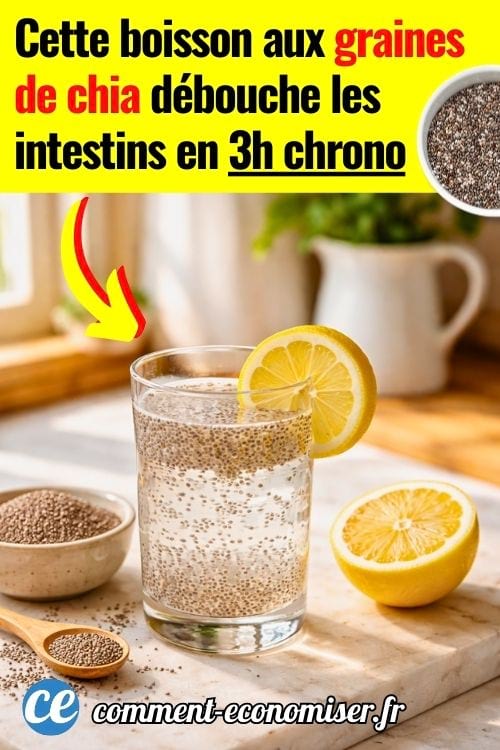 Verre de boisson aux graines de chia avec tranche de citron sur fond de cuisine