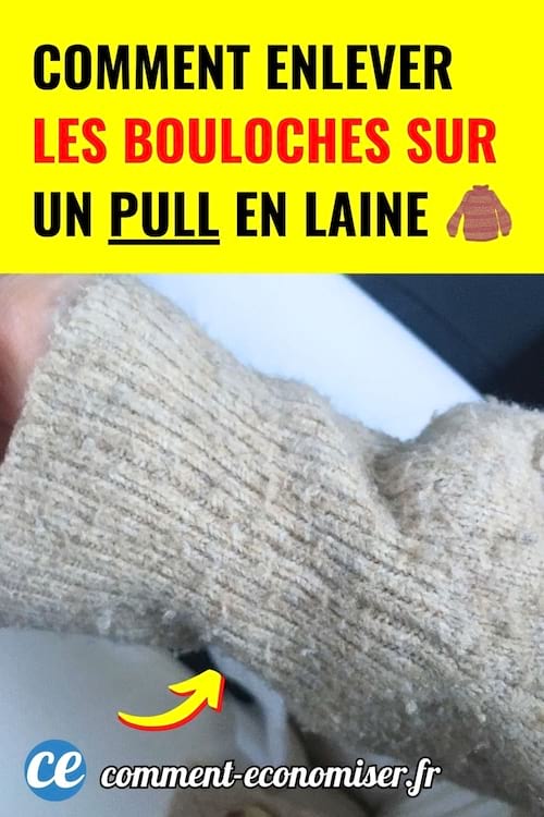 gros plan sur manche de pull en laine beige avec nombreuses bouloches visibles