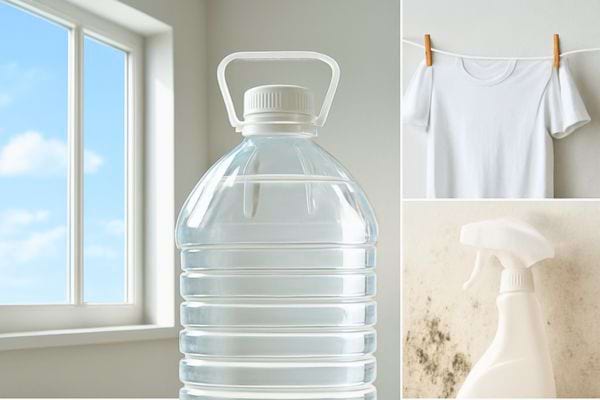 Grande bouteille transparente de vinaigre blanc posee pres dune fenetre avec t shirt et spray en arriere plan.