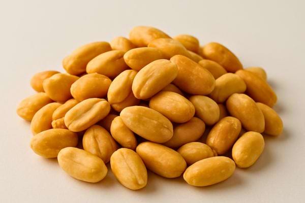 gros plan sur un tas de cacahuetes decortiquees posees sur fond clair