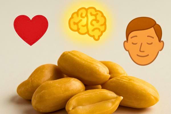 cacahuetes decortiquees avec icones coeur cerveau et visage souriant au dessus