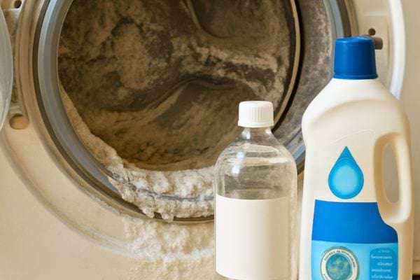 interieur de lave linge encrasse par le calcaire avec bouteille de produit a cote