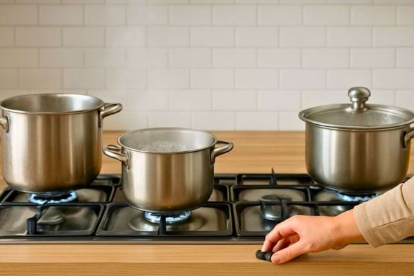 trois casseroles sur une plaque a gaz avec une main ajustant le bouton de temperature