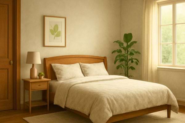 Chambre claire avec lit en bois, table de nuit, plante verte et lumiere naturelle pres de la fenetre.