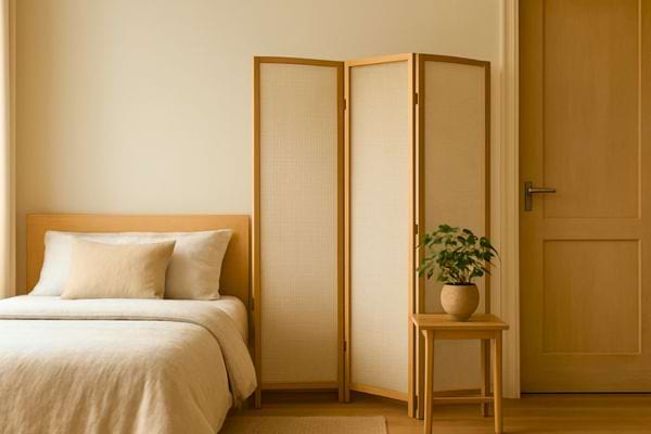 Lit simple avec paravent en bois, petite table et plante dans une ambiance douce et epuree.