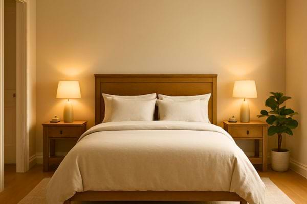 Lit double centre avec deux lampes allumees et tables de chevet dans une piece chaleureuse.