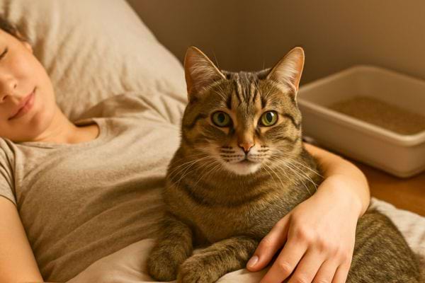 chat tigré allonge calmement sur un lit contre une personne endormie dans une atmosphere chaleureuse