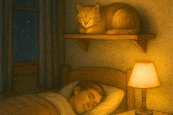 scene nocturne douce montrant un enfant endormi pendant quun chat dort sur une etagere au dessus du lit