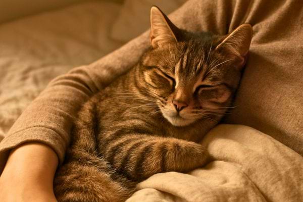chat endormi repose contre le bras dune personne sur un lit avec draps clairs et lumiere douce