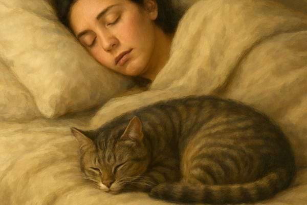 chat endormi en boule au pied dune femme qui dort sous une couverture claire