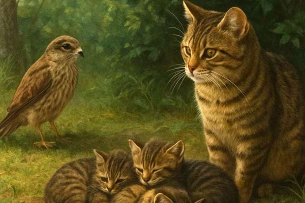 une chatte tigrée veille sur ses chatons allonges dans lherbe pres dun oiseau