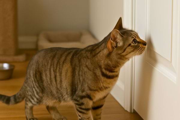 une chatte tigrée veille à la porte.