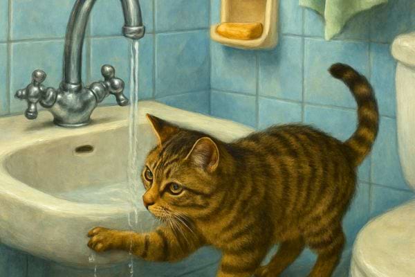 un chat tigré pose la patte pres dun lavabo avec leau qui coule