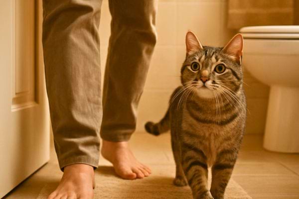 un chat tigré marche dans une salle de bain pres des pieds nus dune personne