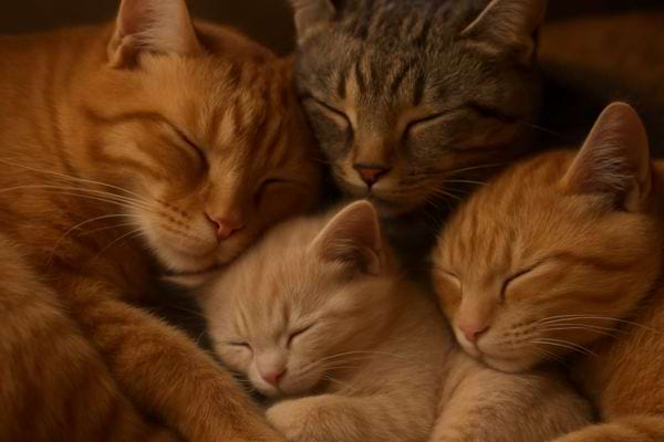 plusieurs chats et chatons endormis les uns contre les autres formant un groupe paisible