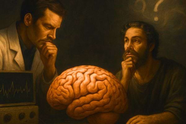 deux hommes concentr&eacute;s analysant un cerveau humain pose sur une table avec du materiel medical