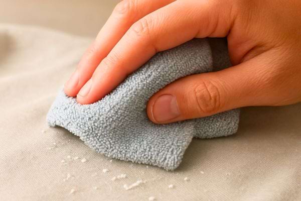 main utilisant un chiffon humide pour retirer petites peluches sur tissu clair