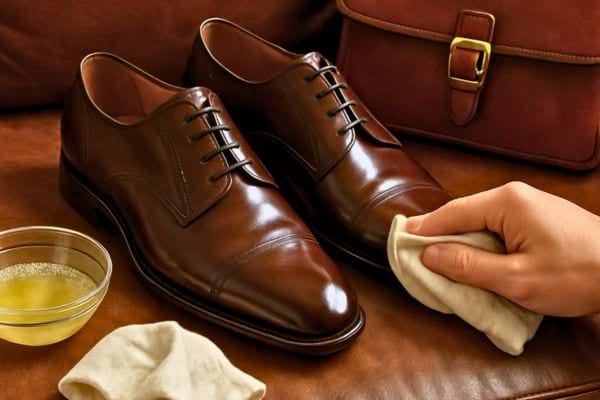 main appliquant du cirage sur des chaussures en cuir marron avec chiffon et bol de produit sur un canape