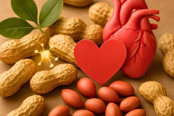 illustration dun coeur rouge avec arachides autour evoquant la sante cardiovasculaire