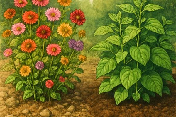 illustration montrant un massif de fleurs colorees a cote dune plante verte