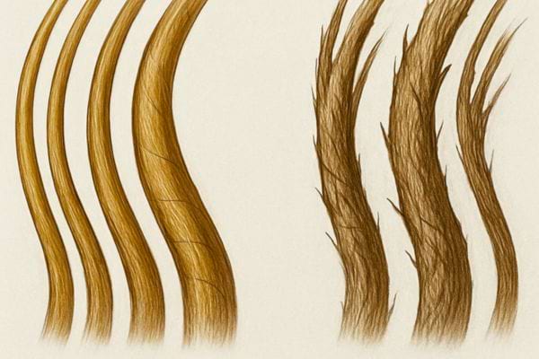 illustration montrant des meches lisses et des meches abimees cote a cote