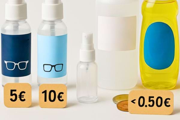 plusieurs flacons de produit pour lunettes avec etiquettes de prix montrant differentes options economiques