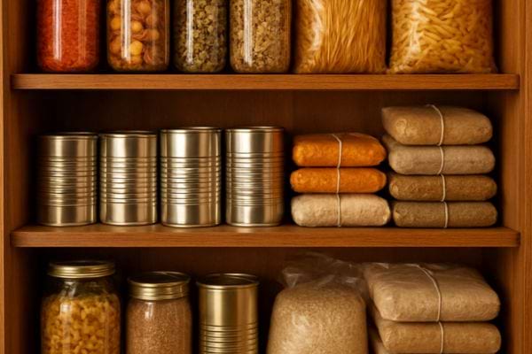 des boites de conserve et paquets de riz et pates sont ranges soigneusement dans un placard