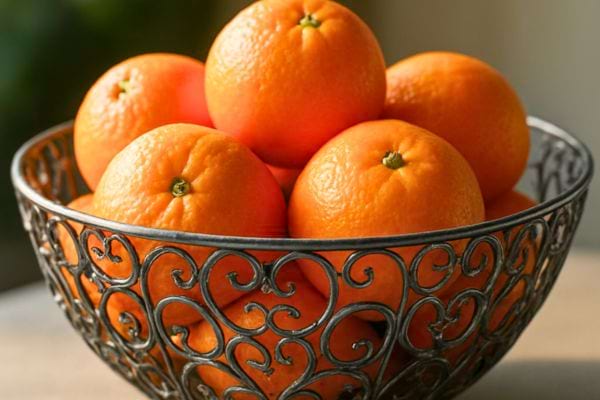 Corbeille decorative en metal remplie de mandarines bien fraiches