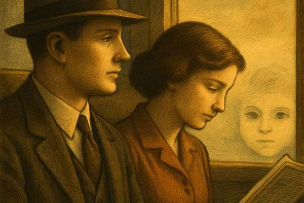 Un couple ancien assis un visage denfant apparait en arriere plan