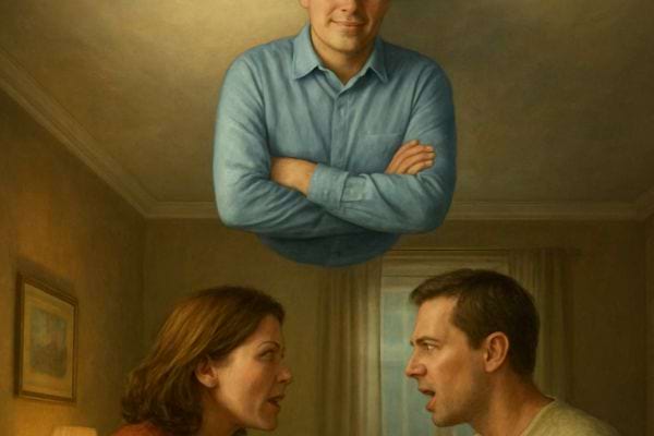 Un couple se dispute dans une piece pendant qu un homme les observe au dessus.