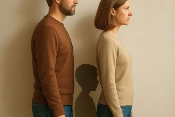 Un homme et une femme debout dos a dos avec ombre enfant