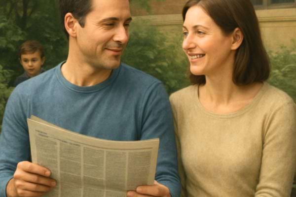 Un couple sourit en lisant un journal un enfant observe derriere