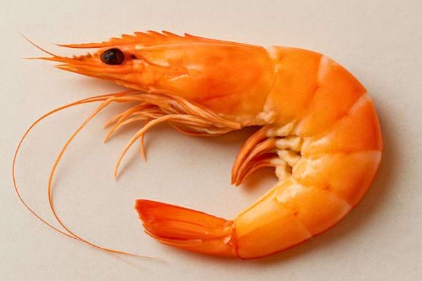 crevette cuite orange vue de profil avec tete antennes et queue recourbee