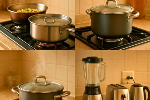 plusieurs casseroles chauffant sur une plaque a gaz avec vapeur et appareils de cuisine en arriere plan