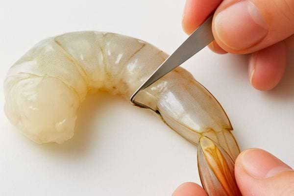 gros plan sur une main retirant la carapace dune crevette crue avec un couteau