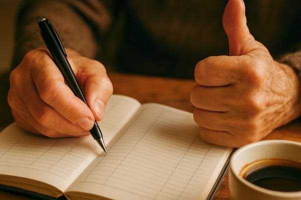 mains d'une personne &acirc;g&eacute;e tenant un stylo au-dessus d'un carnet de comptes