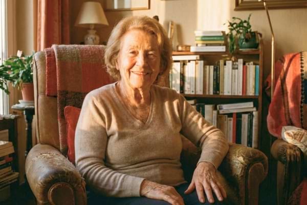 Une dame s&eacute;nior assise dans son sofa en train de sourir