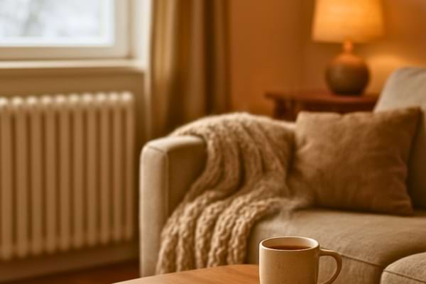 Un salon chaleureux et moderne en hiver, éclairage doux et tamisé, un radiateur blanc visible sur le mur