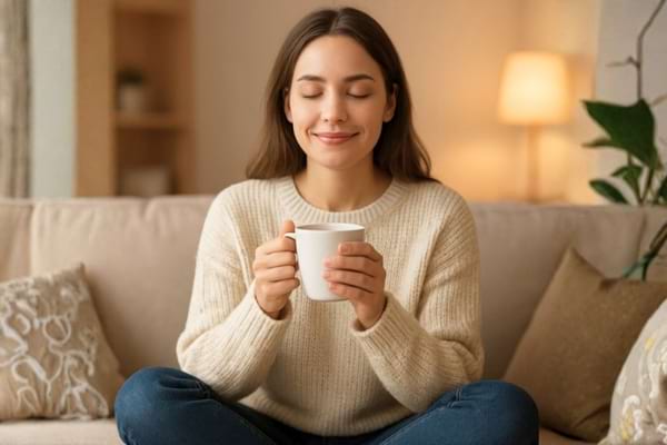 Une femme détendue assise en tailleur sur un canapé, portant un pull en laine douillet de couleur crème