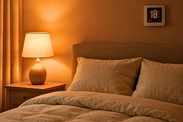 Une chambre à coucher cosy le soir, lampe de chevet allumée diffusant une lumière chaude