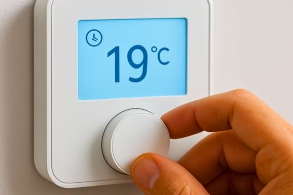 ne main qui règle un thermostat digital moderne fixé sur un mur blanc.