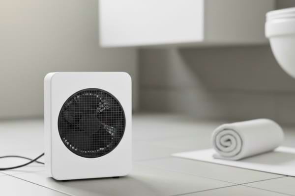 un petit chauffage d'appoint soufflant posé sur le carrelage d'une salle de bain, éteint, montrant une utilisation ponctuelle