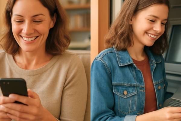 Une m&egrave;re souriante dans son salon, assise sur un canap&eacute;, envoyant un message sur son t&eacute;l&eacute;phone