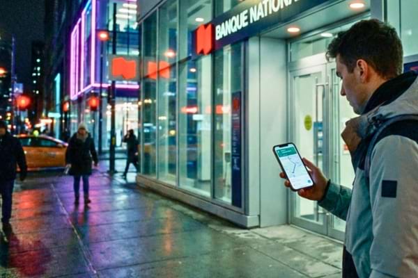 Une personne devant une agence bancaire ferm&eacute;e la nuit, consultant une carte sur son t&eacute;l&eacute;phone