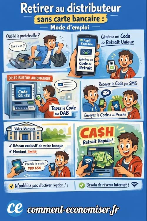 Une image qui explique comment retirer de l'argent au distributeur sans carte 