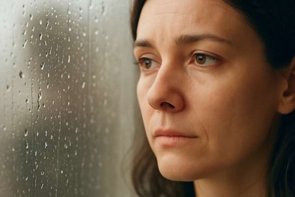 une femme de 30-35 ans, regard pensif et profond, assis pr&egrave;s d'une fen&ecirc;tre