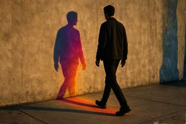 Une personne marchant dans une rue, projetant une ombre