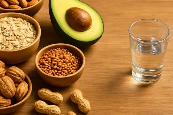 une table de cuisine avec des aliments sains riches en vitamines (noix, c&eacute;r&eacute;ales) 